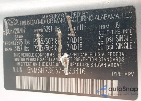 2007 Hyundai Santa Fe Limited/Se z USA, uszkodzony, nr VIN 5NMSH73E37H123416